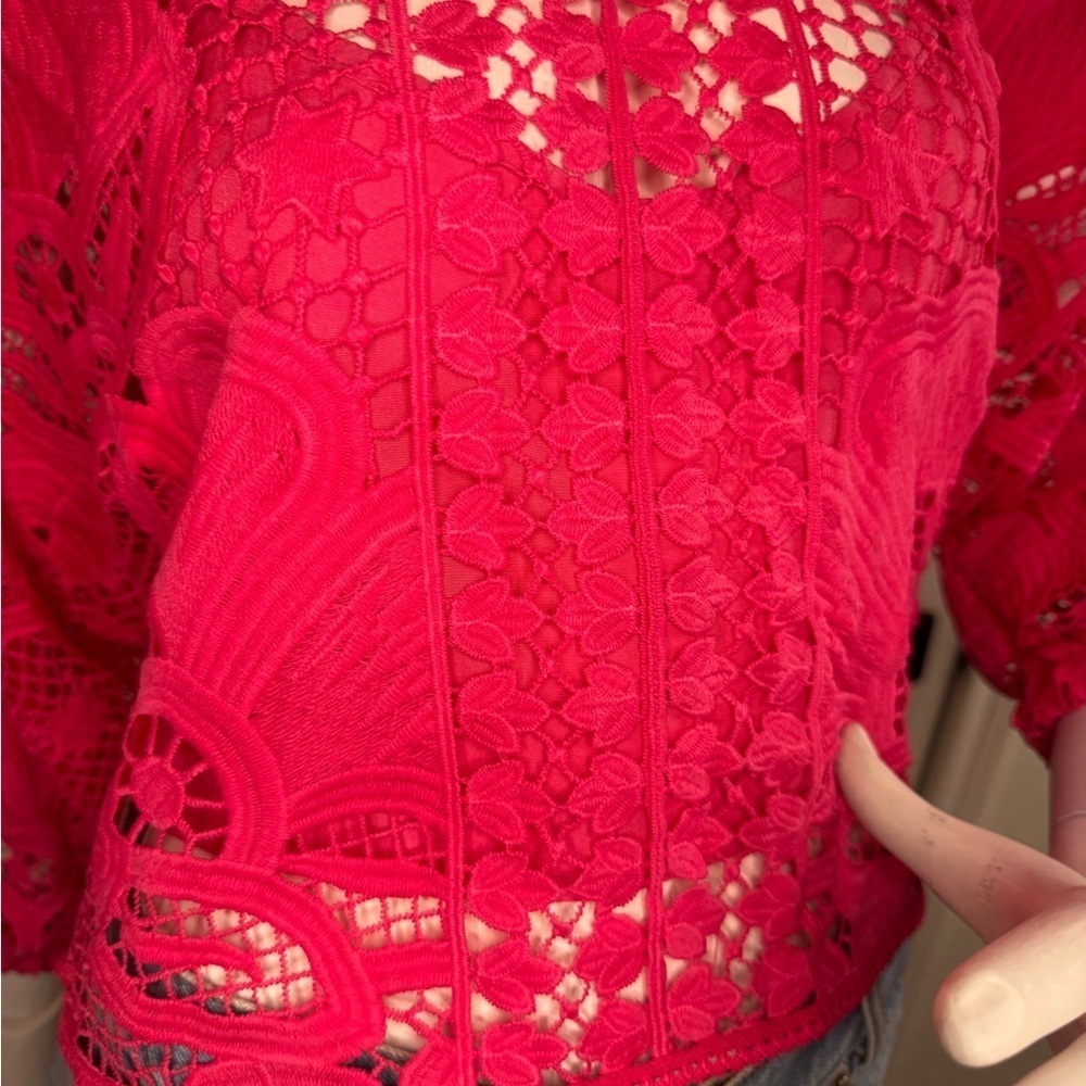 Farm Rio Boohoo Alucina Puff-Sleeve Guipure Pink Crop Top Size Small - Picture 8 of 13